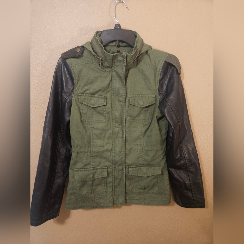 Womens Wet Seal Y2k Military Utility Army Green Faux Leather Jacket Sz Medium